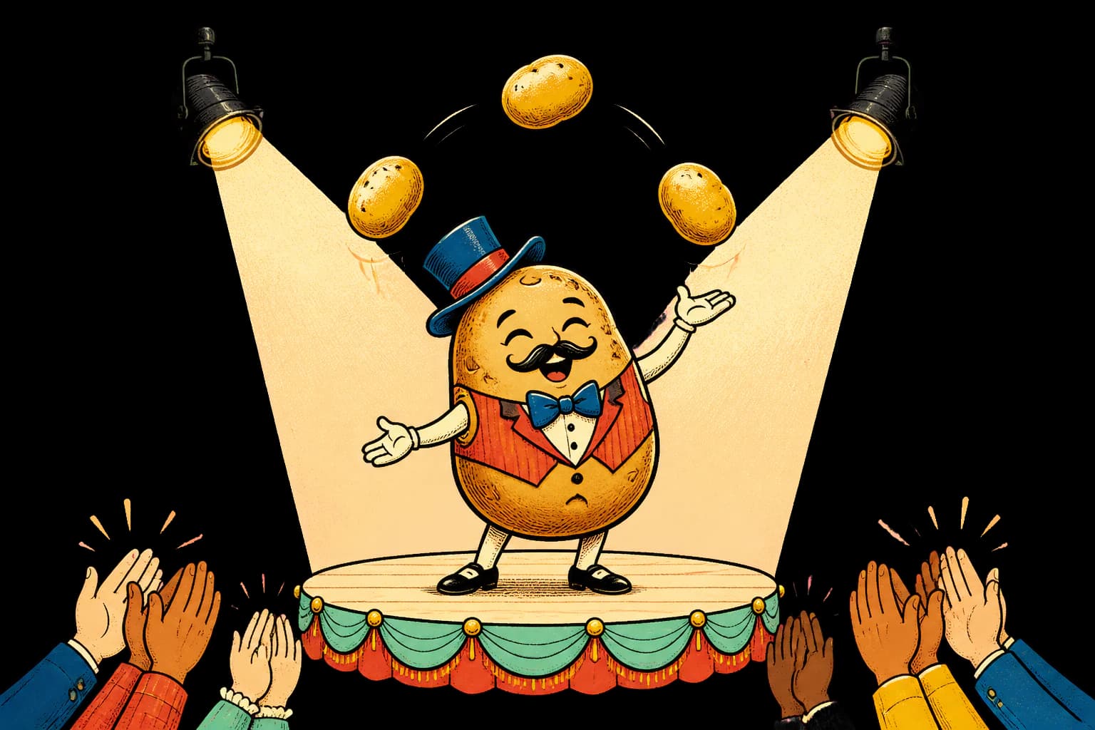 A potato performer juggling beneath stage lights while an audience applauds