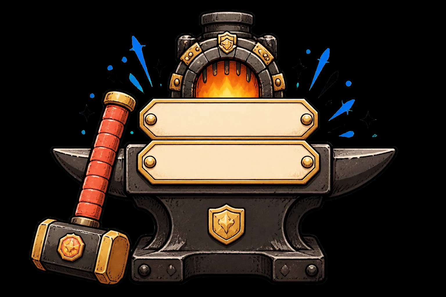 A glowing word forge with two blank metal plates and a hammer.
